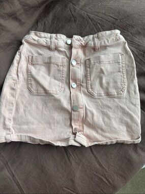 Button-Front Pink Denim Mini Skirt